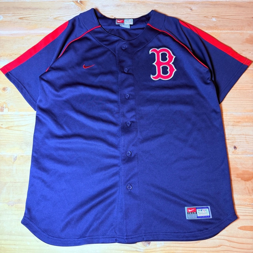 Nike Boston Red Sox MLB Baseball Jersey Kids Large 16/18 Navy Blue Button Up